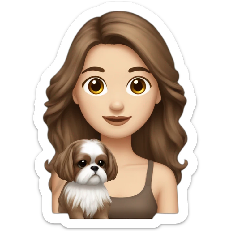 long brown hair french girl with cream and brown colored shih tzu sticker
