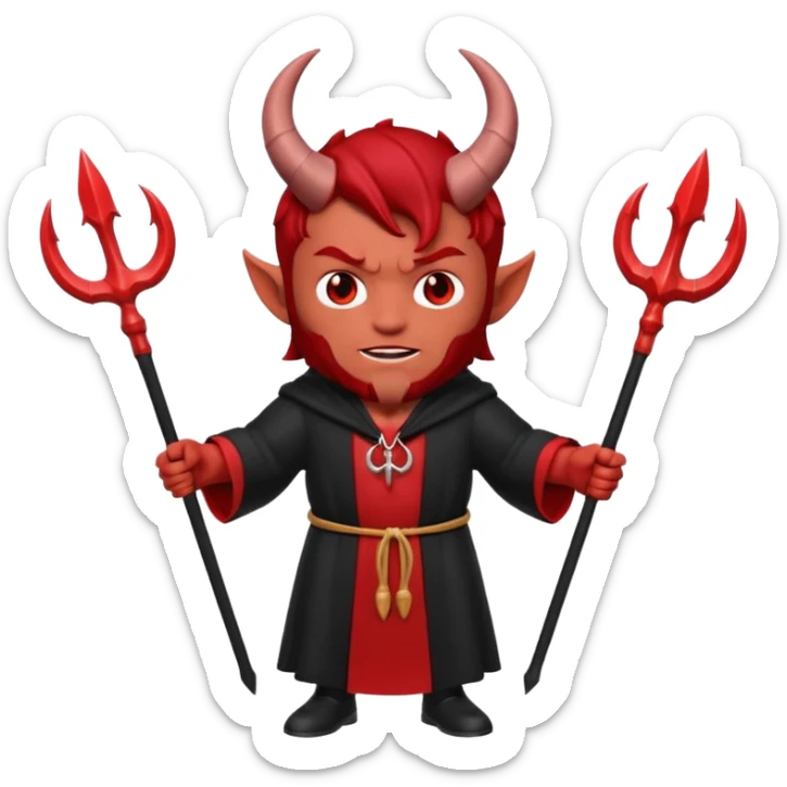 Full body 3D Memoji male devil in a dark robe, holding a trident symmetrically with both hands centrally. Red skin, horns, solid background. sticker