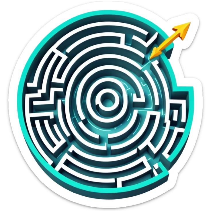 An icon showing an aerial view of a maze, with winding paths and dead ends, symbolizing indoor and city-based escape rooms. A glowing arrow points the way forward, representing the challenge of solving puzzles and finding the exit. .transparent background. sticker