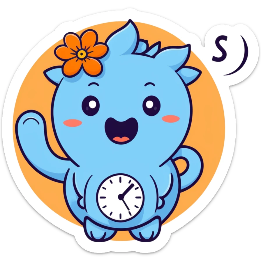 pastel blue hyacinth flower with alarmed eyes and a screaming mouth, waving a tiny alarm clock, fluffy and round sticker