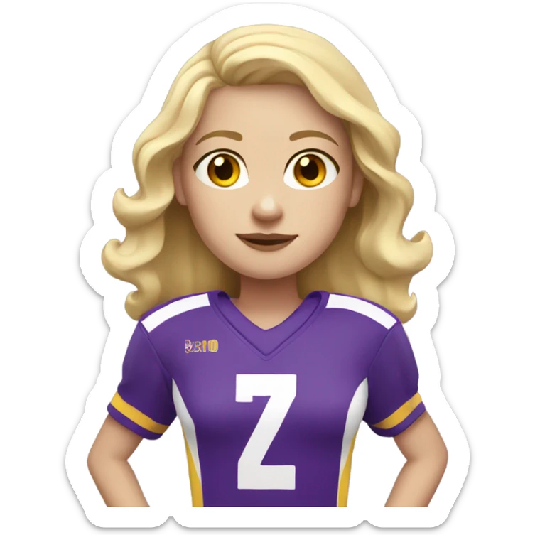 Pale Girl with blonde hair. She is wearing a purple and yellow football jersey sticker