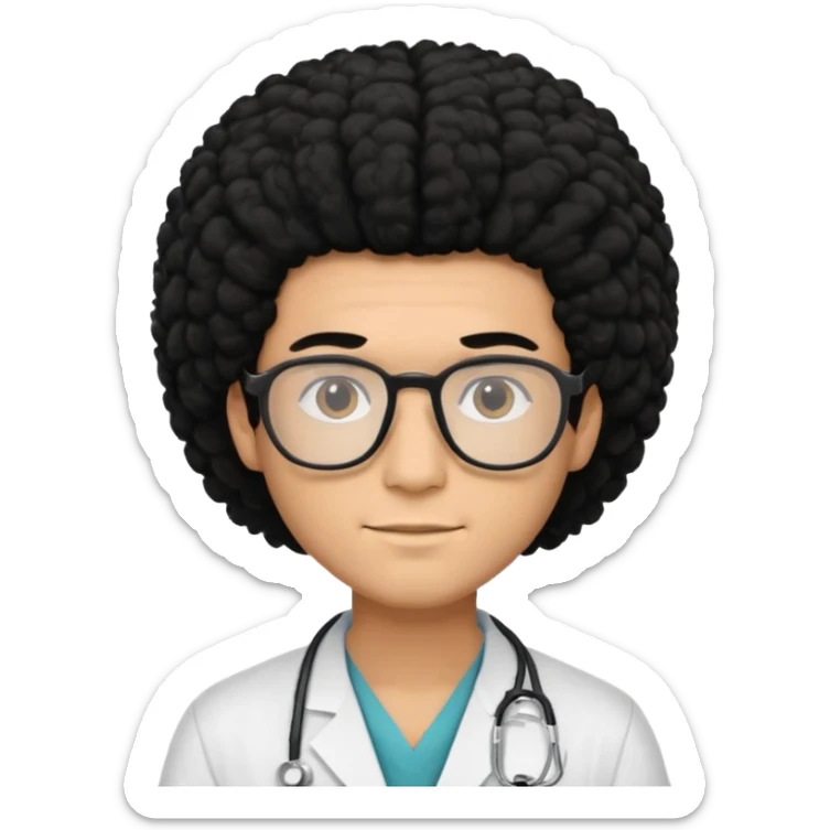 A young male slim doctor with long black afro hair which covered his forehead sticker