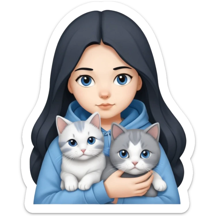 Girl with black hair wearing gray hoodie with a British shorthair blue and white cat and a long-haired blue and white cat sticker