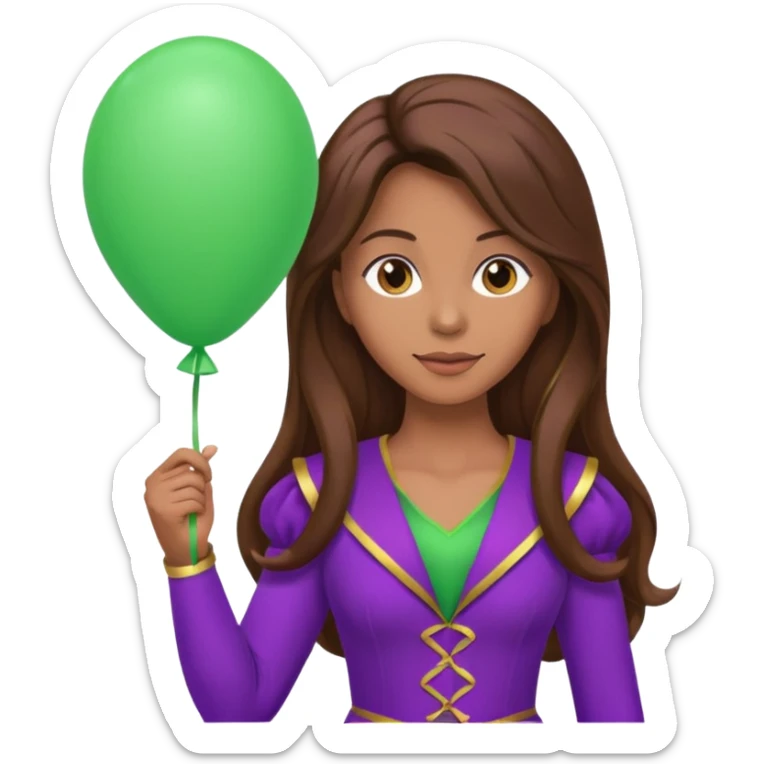 woman with long brown hair and purple costumes, holding green balloon sticker