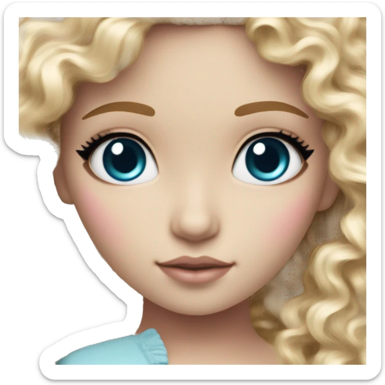 ocean blue doll eyes, blonde curly hair, feminine, pink, girl, angelic sticker