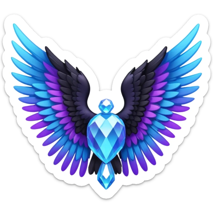 angel wings made of crystal, black feathered tips with purple and blue highlights, emoji style sticker