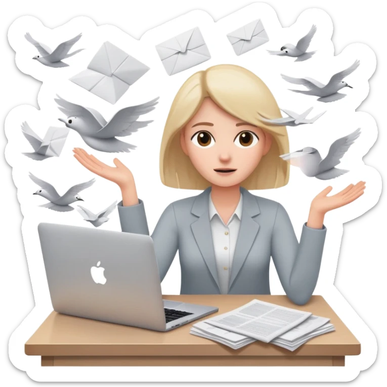 tired woman sitting at a desk with a MacBook, holding her arms out to the side, surrounded by lots of flying papers sticker