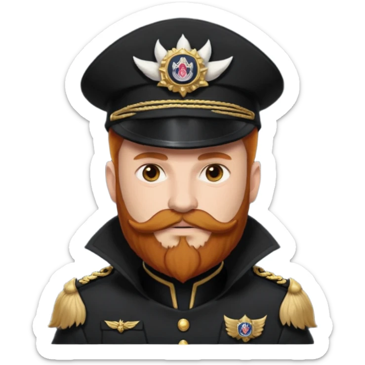 An auburn-hair'ed admiral with a flawless bear and mustache wearing a black admiral outfit and hat with Wolf Ears coming out of the hat, and 9 tails behind him, with the admiral black shirt featuring on the left breast pocket the insignia of Helldivers 2 sticker