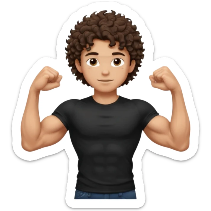 muscular teen boy with veiny hands arms and biceps. has messy brunette curly hair with tan skintone with black tshirt sticker