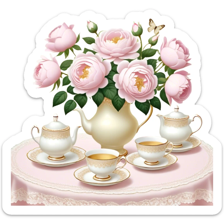 An enchanting garden tea party setting with a vintage lace tablecloth, golden-rimmed porcelain teacups, a centerpiece of light pink roses and white peonies in a pearl-trimmed vase, with delicate pearl butterflies flitting through the soft sunlight.
 sticker