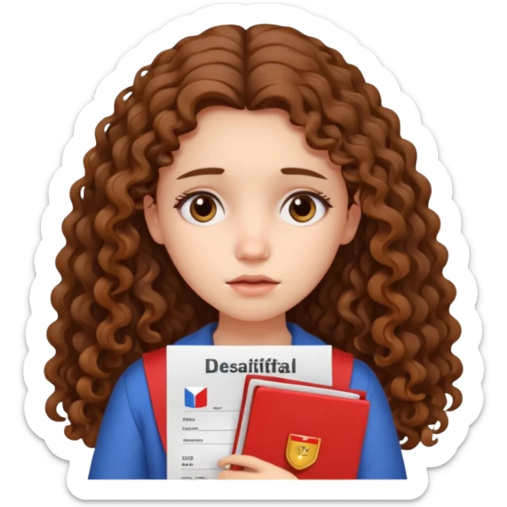 Sad girl with long curly brown hair shows her IELTS certificate with a low score in disappointment sticker