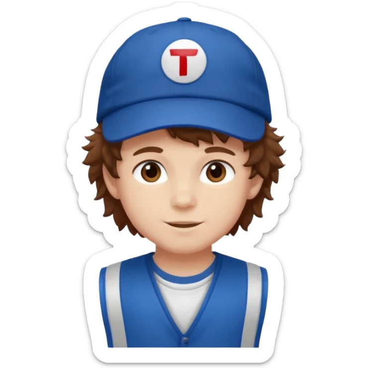 brown fluffy hair kid with blue and white cap dark blue jilet red t shirt sticker