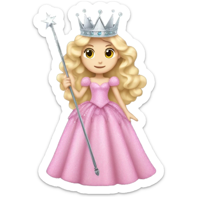 Glinda wicked blond long wavy hair big pink fluffy glittery dress silver crown and silver wand sticker