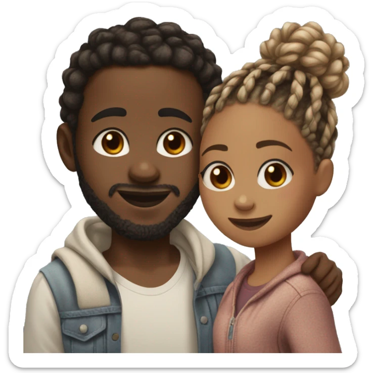 Realistic black girl with box braids and light skin boy with short curly hair and a short beard hugging sticker