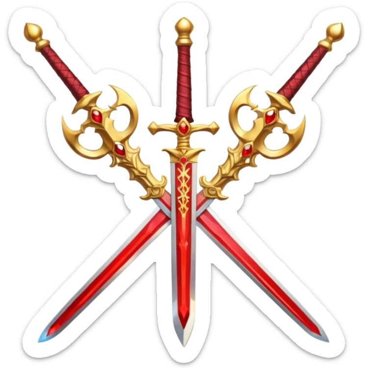 Two crossed swords that are golden in blade and handle and have fiery and royal appearence to them as well as red gem stones sticker