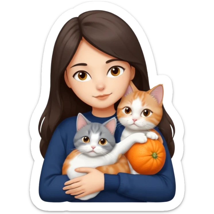a girl with long dark brown hair, in a navy sweater, hugs a persian peaknose grey cat and persian peaknose orange and white kitten and a persion peaknose brown tabby and white cat sticker
