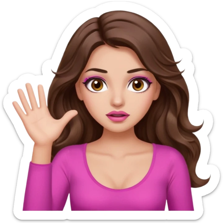 girl with long wavy brown hair, brown eyes, long lashes makeup, sexy pink lips, light to medium complexion, pink sexy top, two hands up, shrugging, confused sticker