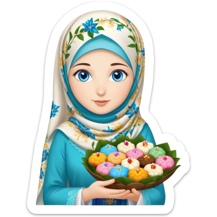 Turkish beautiful finish Konya girl blue eyes with lilies floral hijab islamic dress and had on her hand text Eid Mubarak with sweets and celebrating with her friends eid days   sticker