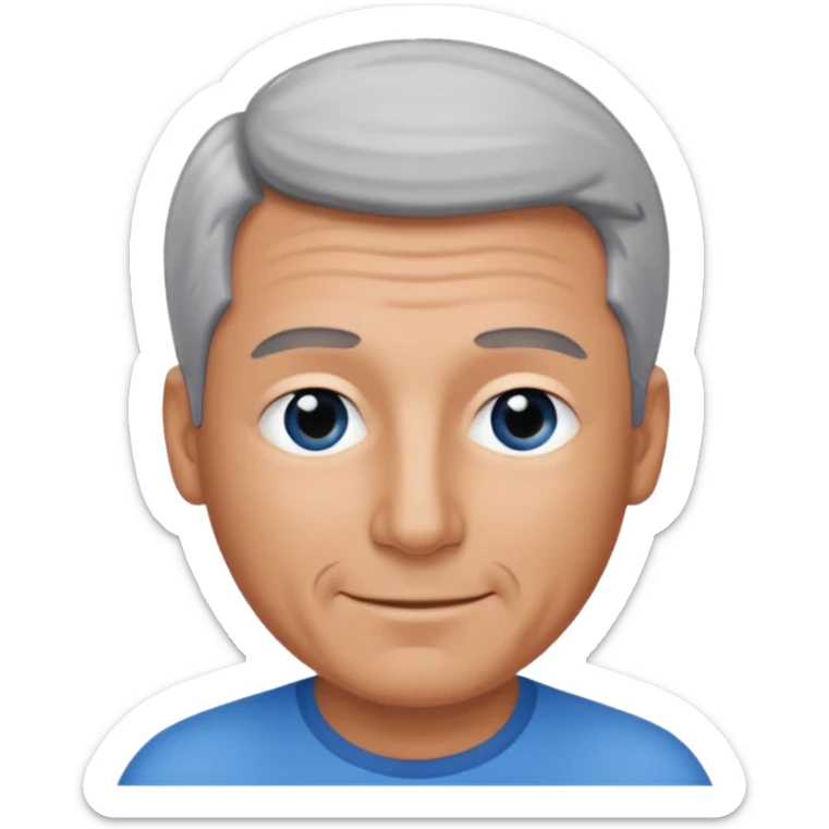 Middle aged man with tanned skin, receding black to grey hair and no beard, blue eyes, shy smile sticker