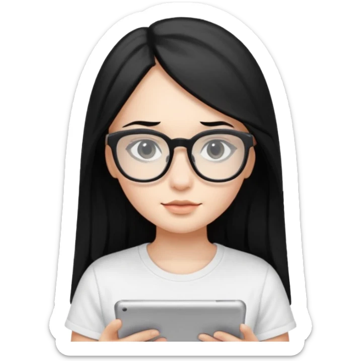 Long black hair girl in a white T-shirt and black square glasses  studying with an Ipad. sticker