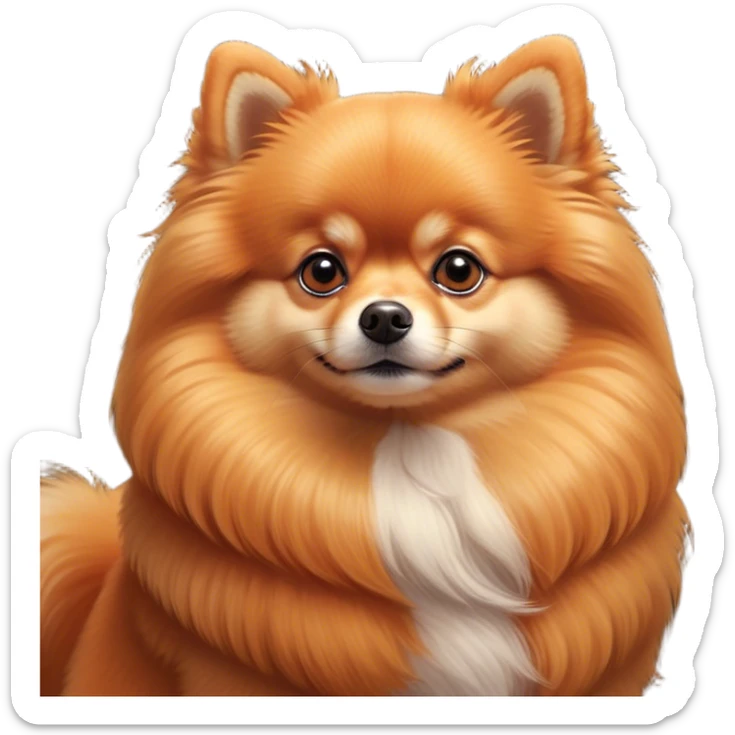 Cinematic Noble Orange Pomeranian Portrait Emoji, Poised and regal, with a compact, fluffy build and a meticulously groomed vibrant orange coat, deep-set soulful brown eyes, Simplified yet sharp and sophisticated features, highly detailed, glowing with a soft, dignified glow, high shine, intelligent and spirited, stylized with an air of elegance, focused and attentive, soft glowing outline, capturing the essence of a watchful and confident companion, so majestic it feels as though it could prance out of the screen with effortless authority! sticker