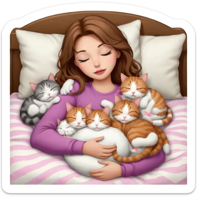girl with long wavy brown hair, brown eyes, long lashes makeup, sexy pink lips, light to medium complexion,  sleeping on a cozy pillow, with 6 cats: 1 brown and white tabby cat, 1 ginger and white, 2 grey and white, 1 grey with white mittens and small white patch on chest and 1 calico, sleeping sticker