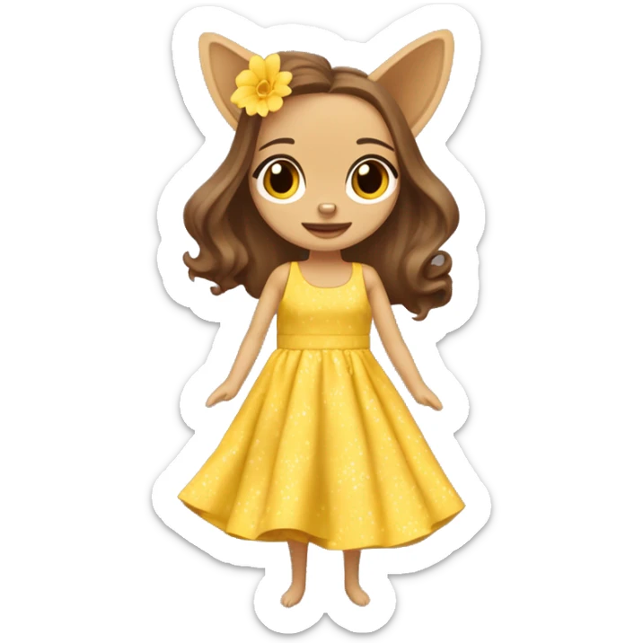 crea a una persona de cabello largo castaño, test blanca en un parque lleno de flores, que ella luzca con vestido amarillo y al lado tenga su mascota una chihuahua con un vestido amarillo también, las dos deben verse paseando en el parque  sticker