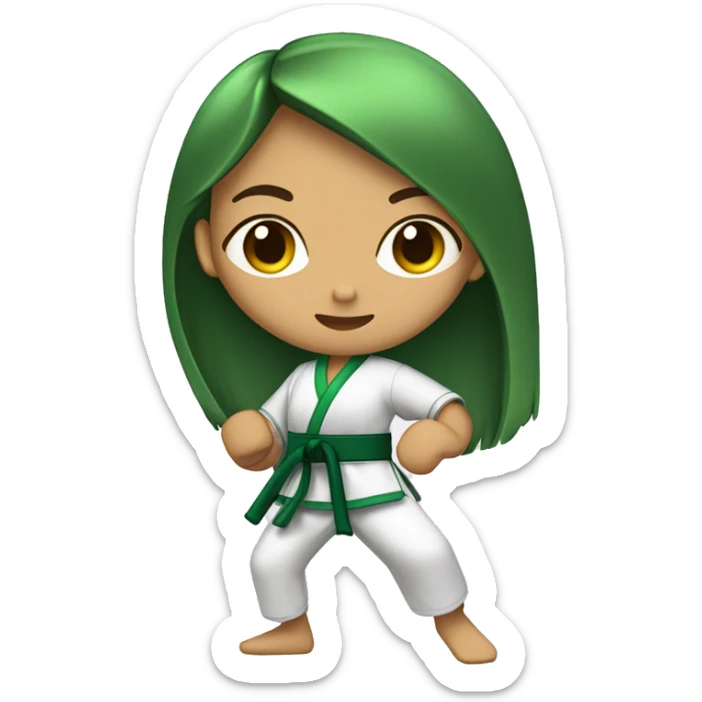 morena skin girl with a karate green belt and one leg kicking very high long hair sticker