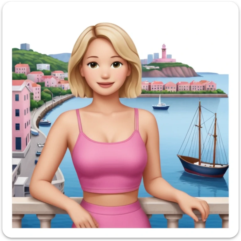 jennifer lawrence, pink crop top leaning on a balcony with a harbor and cityscape in the background, smiling sticker