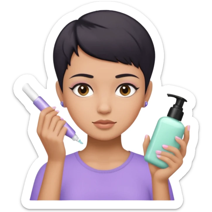 tan girl with pastel purple shirt with black hair & a pixie, doing her skin care sticker