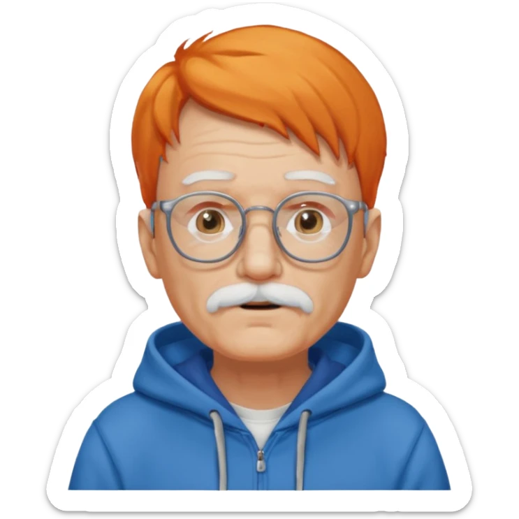 old man, orange hair, white mustache, wearing glasses, wearing a blue hoodie sticker