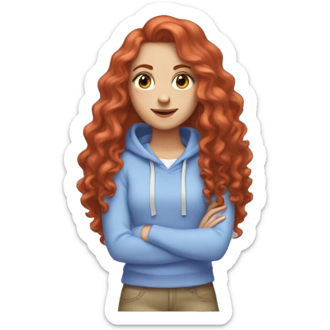 a white girl with long red curly hair, wearing a pastel periwinkle hoodie doing a pose sticker