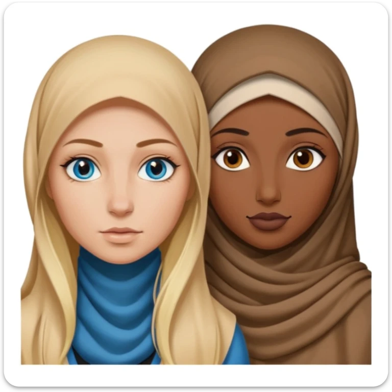 white girl with long blonde hair, blue eyes, tattoos, a septum nose piercing next to a dark skinned woman in a hijab with brown eyes sticker