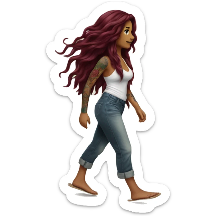 Beautiful tattooed  burgundy long haired woman walking on the beach sticker