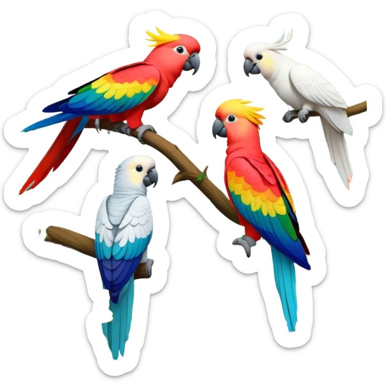 Close-up collage of vibrant Ara parrots and Inca cockatoos sitting on tree branches, surrounded by lush greenery. Bright colors of the birds stand out against a natural, sunny background of trees and flowers. Transparent background. sticker