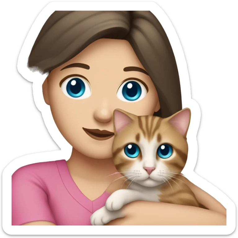 White woman with blue eyes and long dark hair wearing a pink shirt and holding a tabby cat sticker