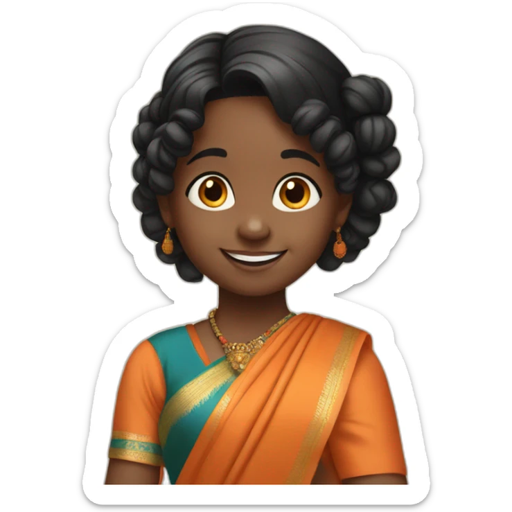 smiling and pointing 3 years old dark skin indian girl with black curly hair in pigtails wearing a orange saree sticker