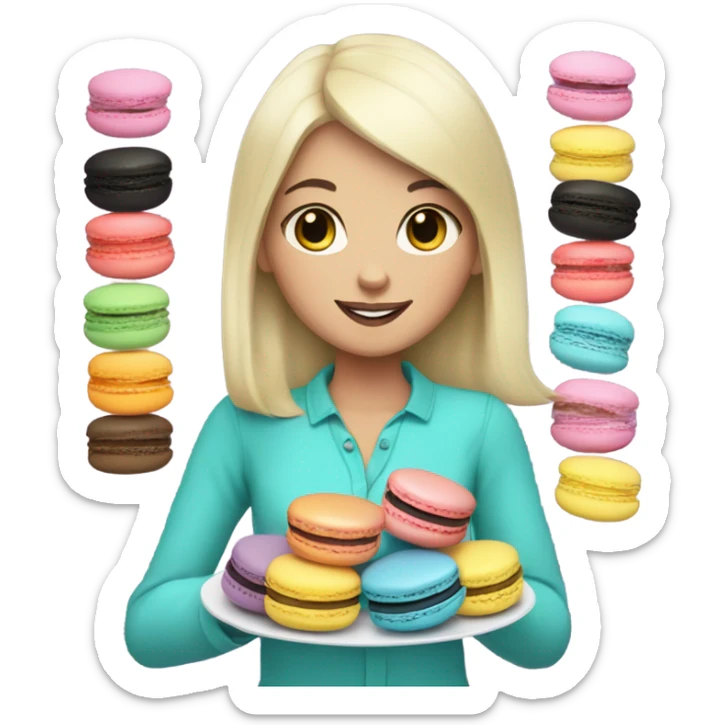 White girl with black hair holding a plate of macarons sticker