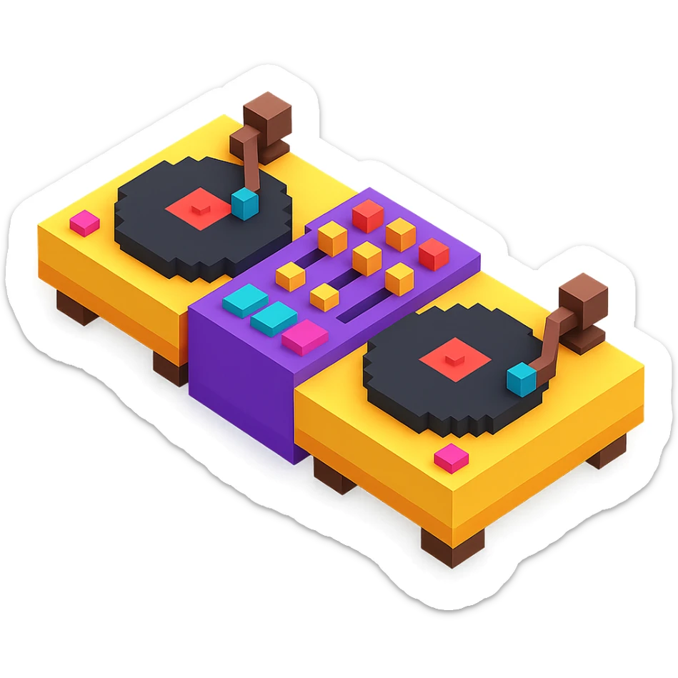 DJ turntables with glowing buttons and a retro vibe sticker