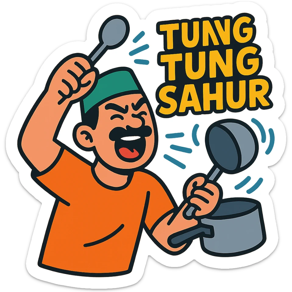 funny meme emoji of a man banging a pot with a spoon, shouting 'tung tung tung sahur', energetic and playful, suitable for Ramadan morning wake-up, vibrant cartoon style sticker