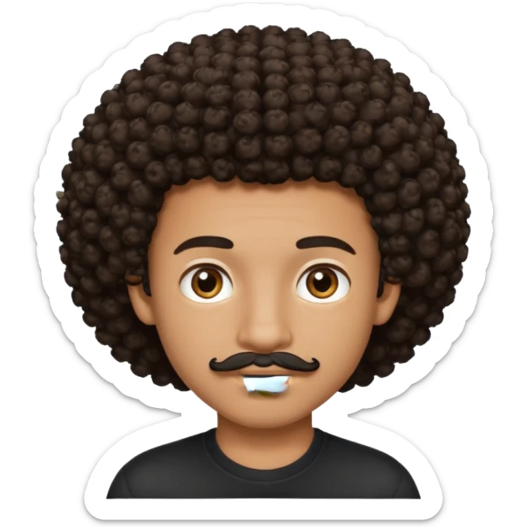 teen-boy, Afro curly dark brown hair, brown eyes, black shirt, thin trimmed mustache, not bushy or thick  sticker