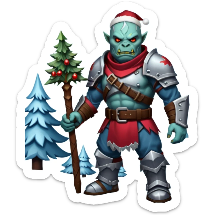 
Fantasy Christmas orc legion soldier icon, iron tundra army theme, heavy winter armor, disciplined brutal look, icy blue steel armor with deep crimson accents, frozen metal texture, cold winter atmosphere, clean readable emoji style
 sticker