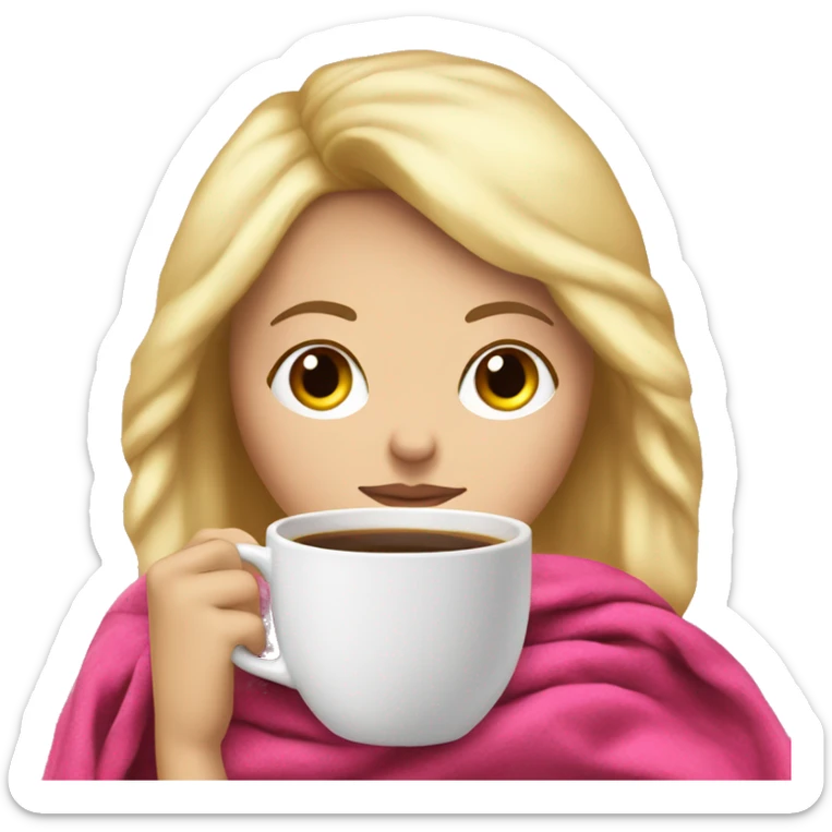 White Girl with blonde hair sipping coffee with eyes closed and pink blanket around head sticker