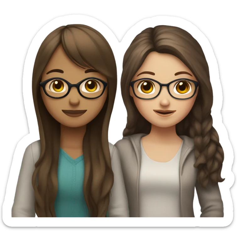 white girl with glasses and  long straight brown hair and bangs that’s hugging brown girl with long curly dark brown hair with no glasses sticker