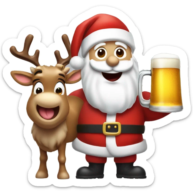 Excited  Santa's white skin face sticking out tongue and rudolph holding beers with sled sticker
