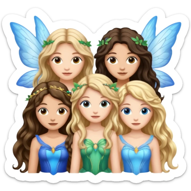 Three women as pretty fairies with wings, brown eyed light skin with dark blonde long hair and Brown eyed light skin black long wavy hair and blue eyed light skin long blonde hair sticker