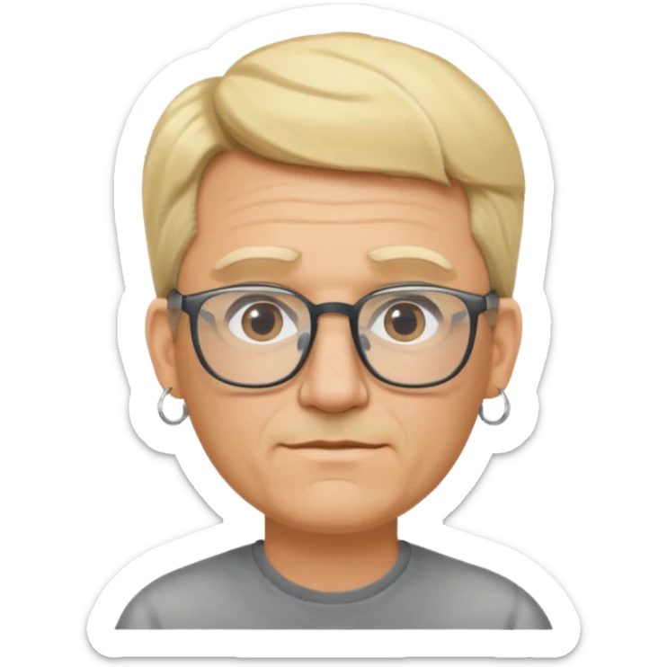 blond middle aged man wearing  big earrings, wearing glassess, with no beard sticker