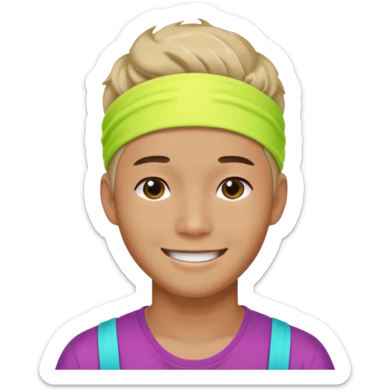 Korean 27-year-old male health coach / Wearing fluorescent colors / White face / Hairband / Smiling expression / Short hair / sticker