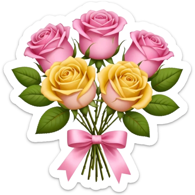 A bouquet of flowers, composed of pink and yellow roses, four blooms in total, tied with ribbon. sticker