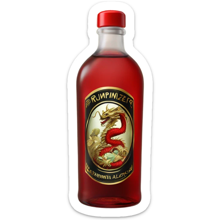 clear bottle of rumpleminze peppermint alcohol with a black and red label that has a gold dragon on the label sticker